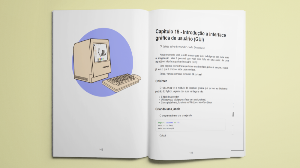 Ilustração de um computador clássico, no estilo das ilustrações conceituais do livro Python Direto ao Ponto