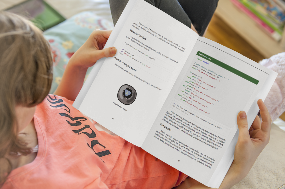 Ilustração de uma menina lendo o livro Python Direto ao Ponto